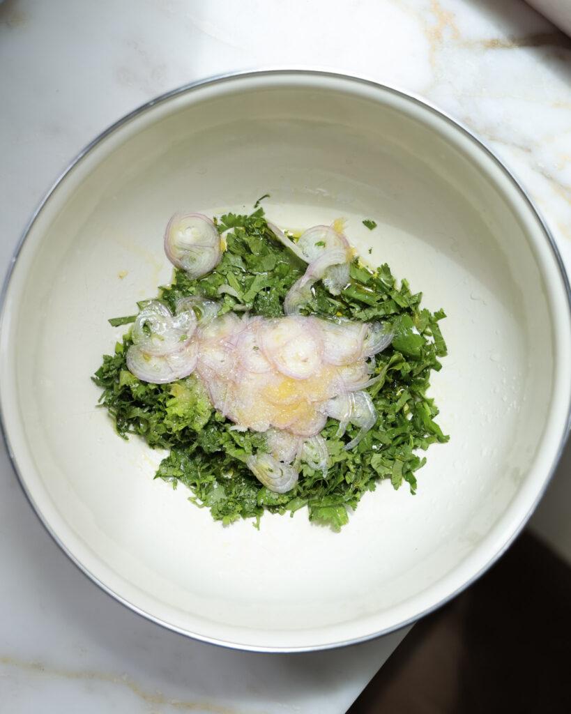 Cilantro and shallot in a bowl.